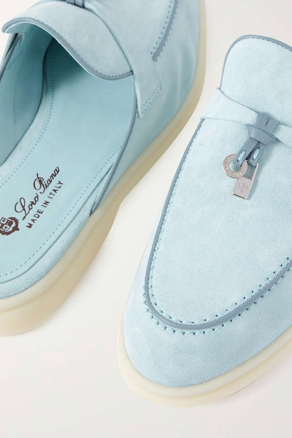 LORO PIANA Babouche Charms Walk Suede Slippers - Light Blue